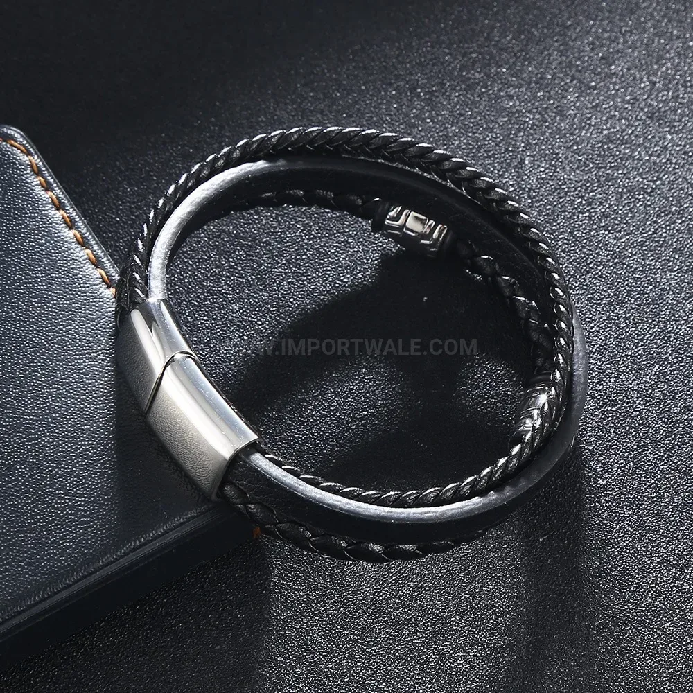 Woven Leather Bracelet with Stainless Steel Magnetic Clasp