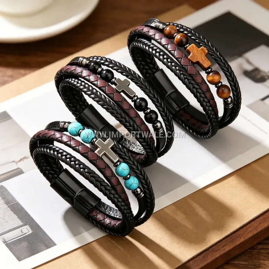 Natural Stone Beaded Leather Cross Wrap Bracelet