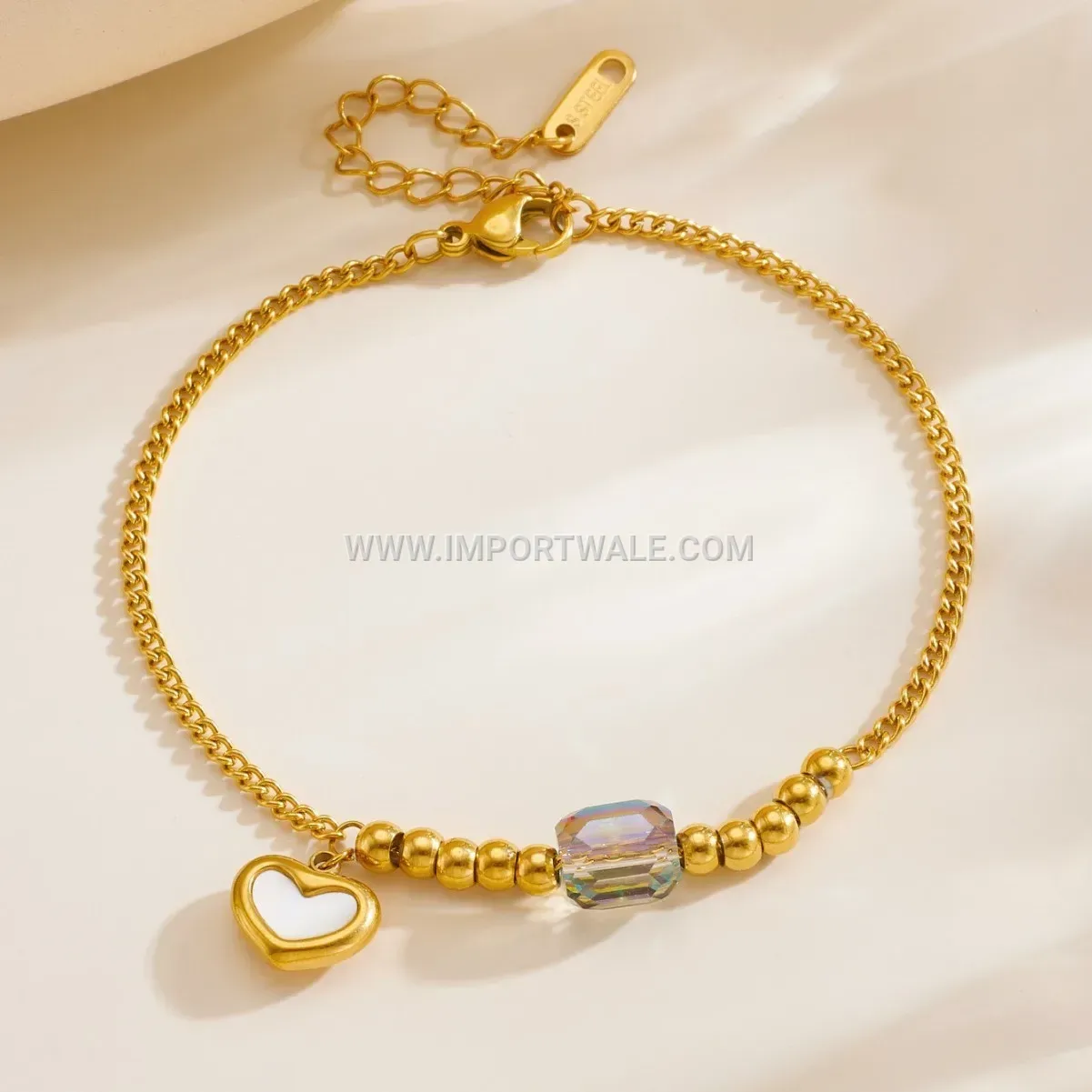 Pearl Accent Stainless Steel Heart Charm Anklet