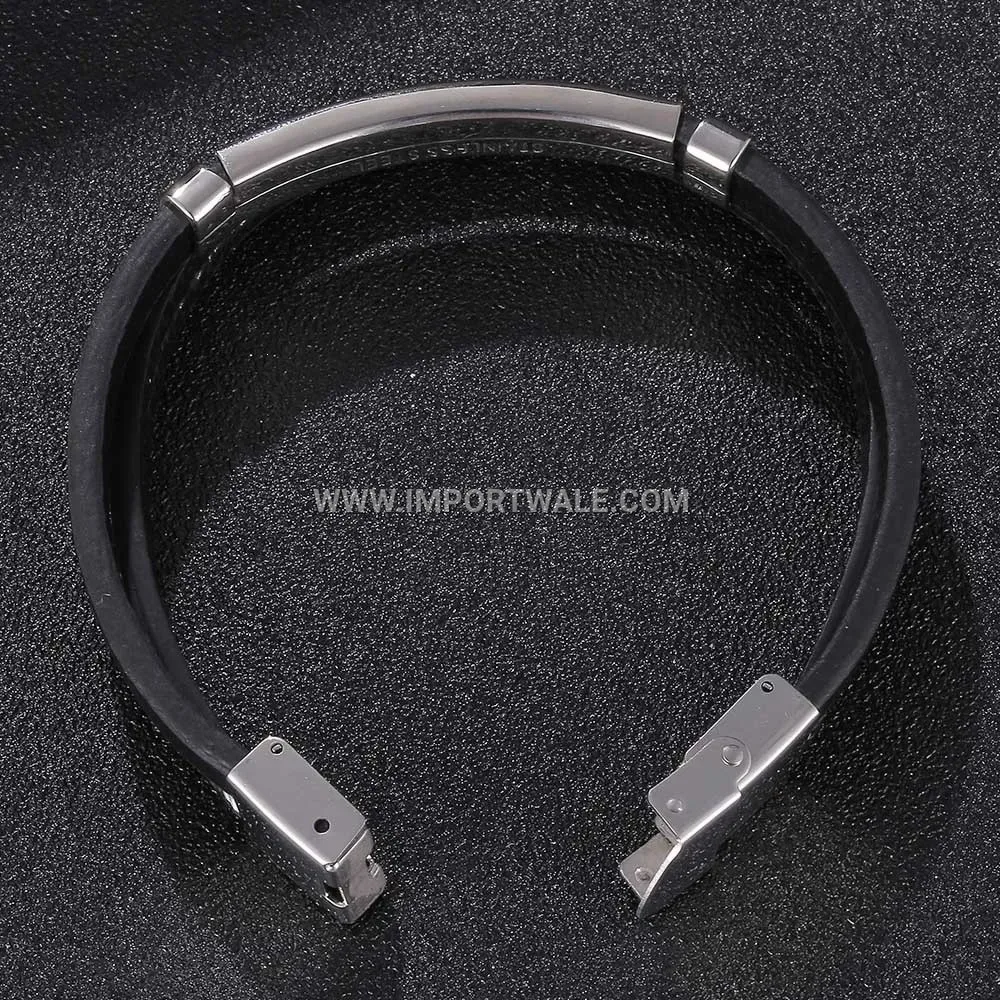 Sleek Black Leather Strap Bracelet Curved Stainless Steel Tube Bar