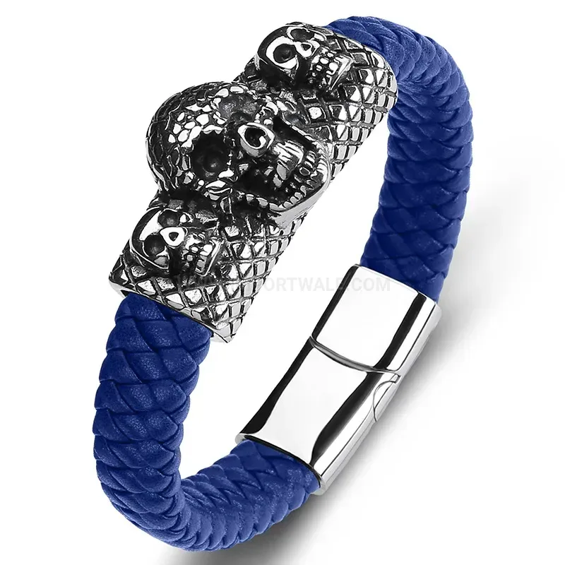 Fashion Bold Stainless Steel Skull Leather Men's Bracelet