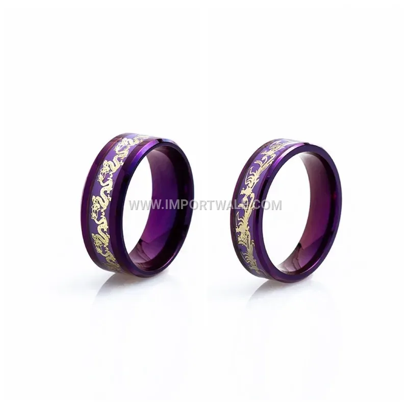 Stainless Steel Dragon and Phoenix Engraved Vacuum Plated Band Ring