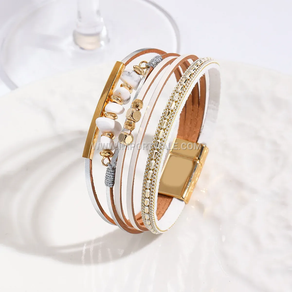 Boho Faux Leather Bracelet with Crushed Stone Accents