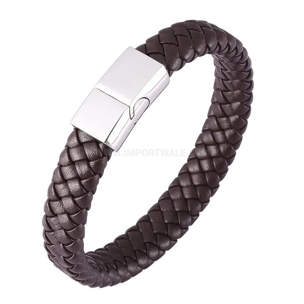 Woven Leather Bracelet with Smooth Stainless Steel Buckle