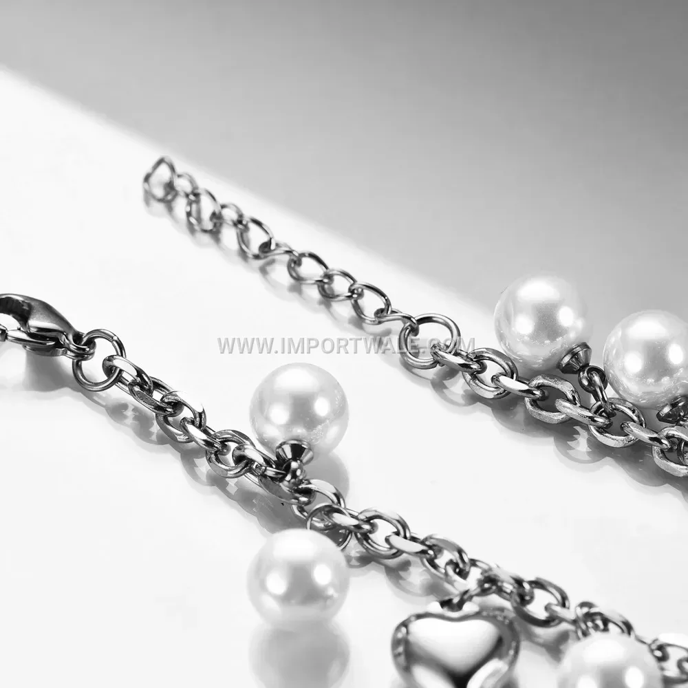Cross and Heart Pearl Accent Stainless Steel Mixed Chain Bracelet