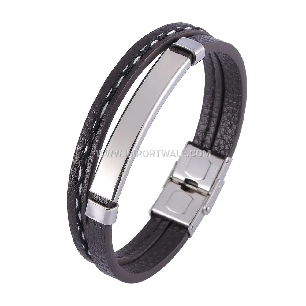 Woven Brown PU Leather Stainless Steel Accent Bangle