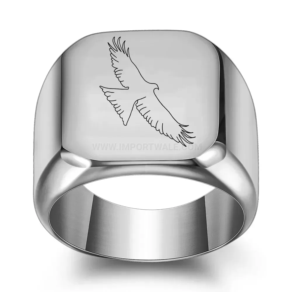 Elegant Eagle Laser Engraved Stainless Steel Square Signet Ring