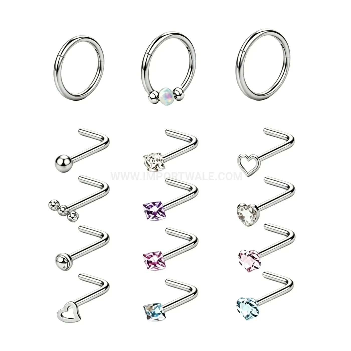 Stylish Stainless Steel Colorful Cubic Zirconia L Shape Nose Stud and Hoop Set