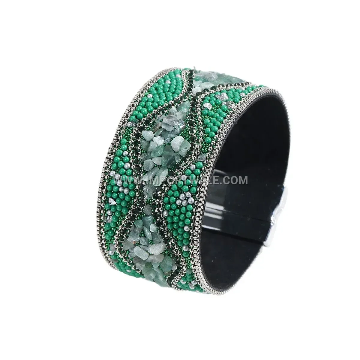 Bohemian Leather Gemstone Wrap Cuff with Stainless Steel Clasp