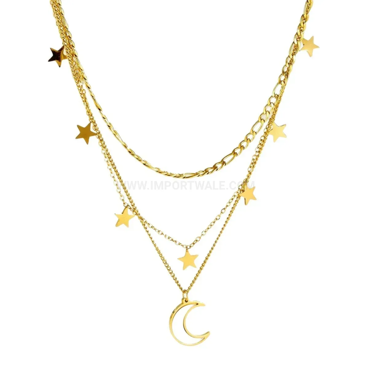 Elegant Layered Gold Plated Stainless Steel Star and Moon Necklace