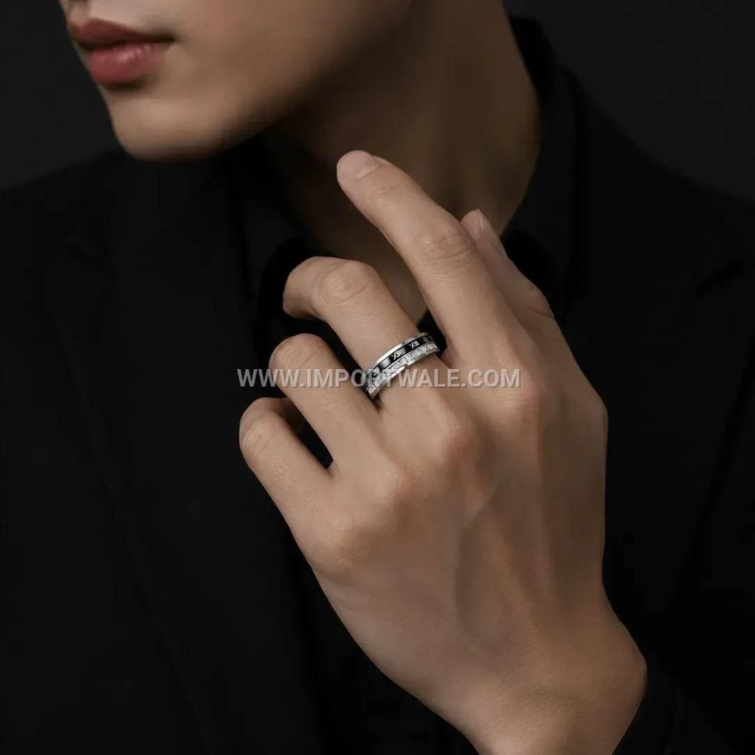 Roman Numeral Rhinestone Stainless Steel Spinner Band Ring