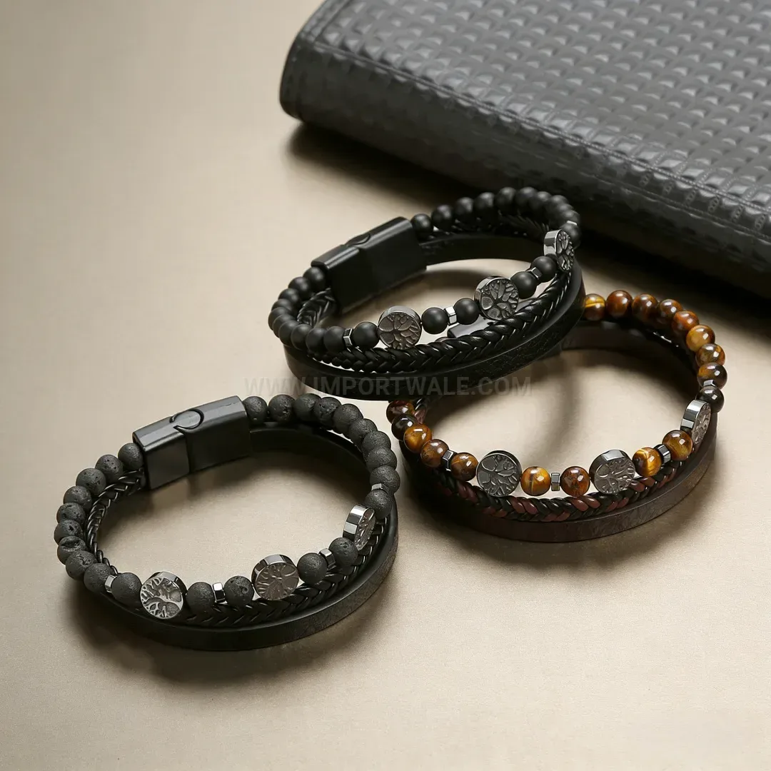 Elegant Tree of Life Natural Stone Beaded Leather Magnetic Bracelet
