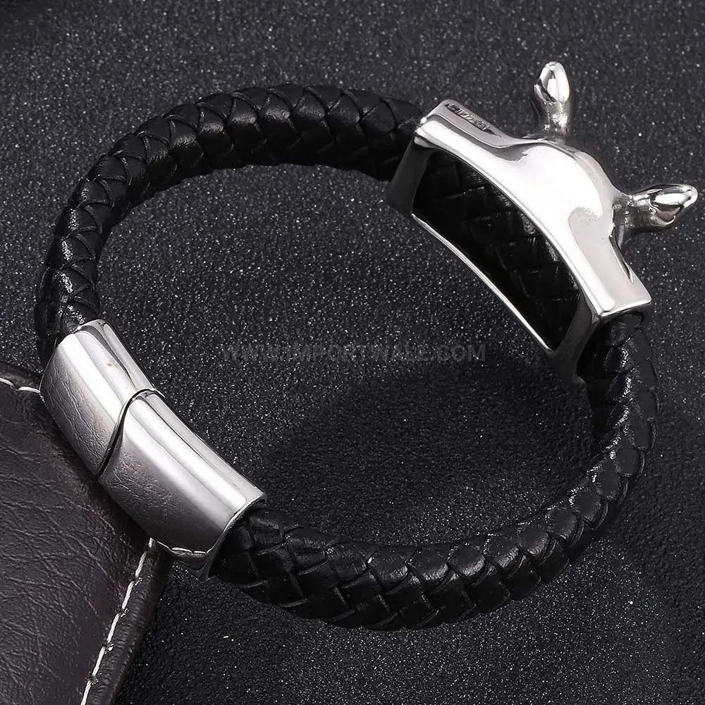 Trendy Genuine Leather Bracelet with Stainless Steel Fox Magnetic Clasp