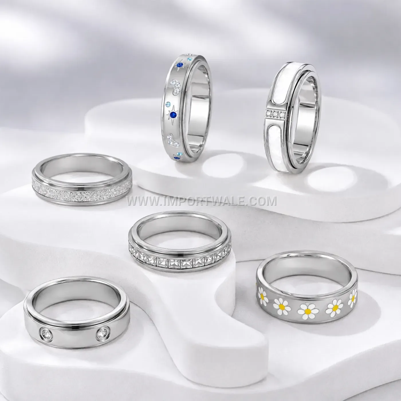 Spinning Floral Rhinestone Stainless Steel Stress Relief Band Ring