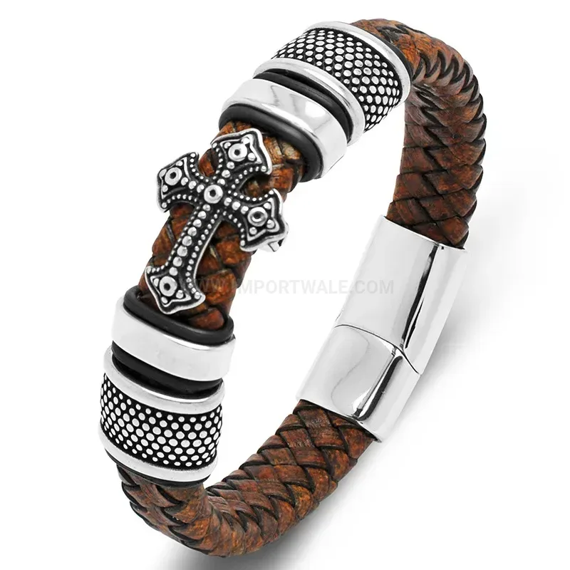 Designer Braided Leather Cross Accent Stainless Steel Men's Bracelet