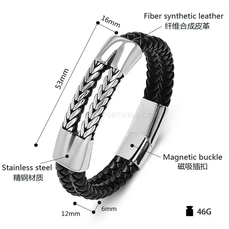 Designer Engraved Wheat Pattern Stainless Steel Dual Tone Leather Men's Bracelet