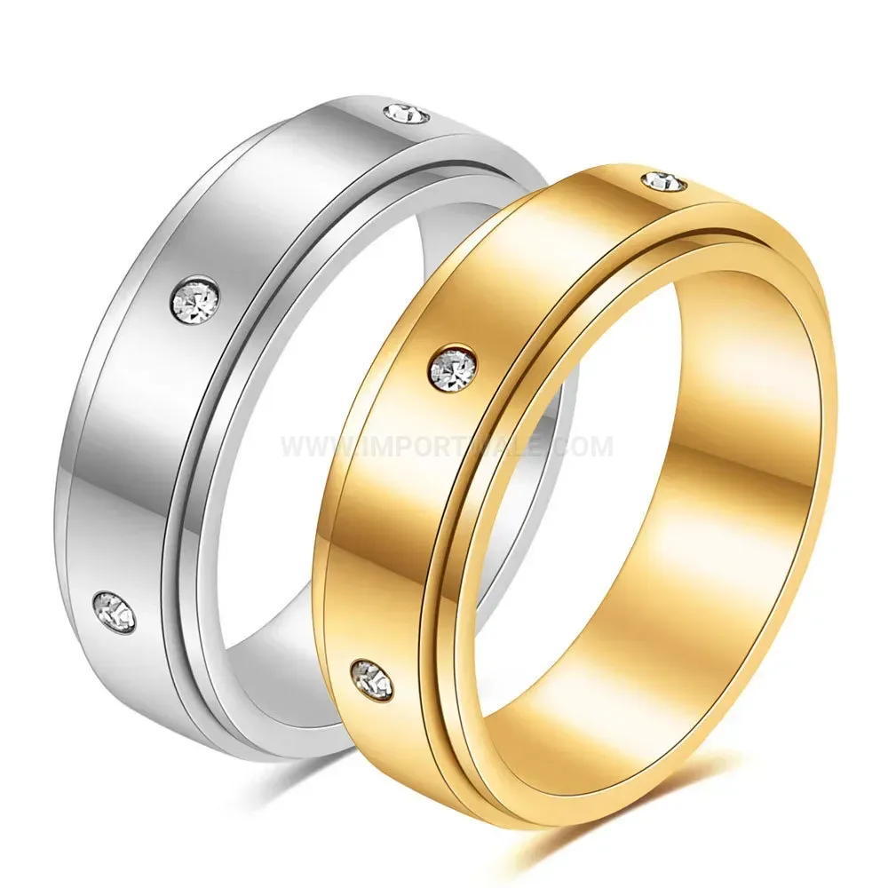 Spinner Stainless Steel Band Ring with Symmetrical Crystal Accents