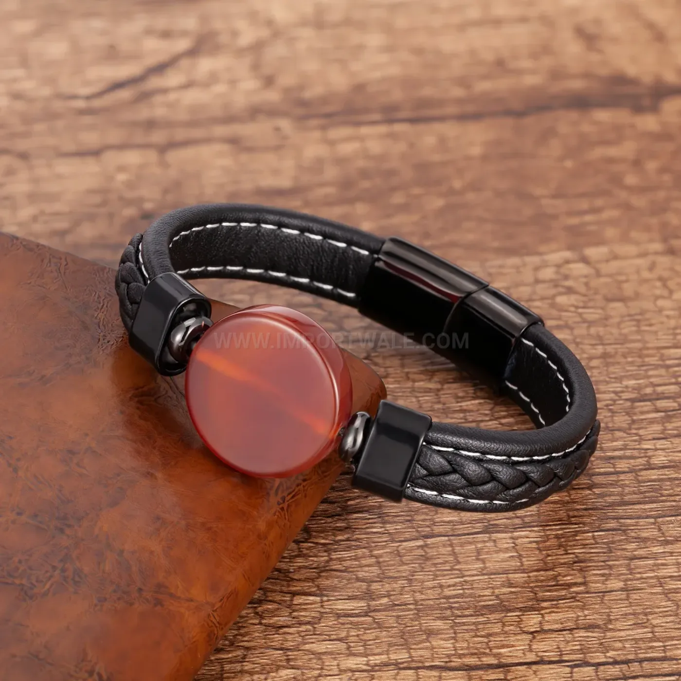 Minimalist Round Stone Woven Leather Bracelet with Stainless Steel Clasp