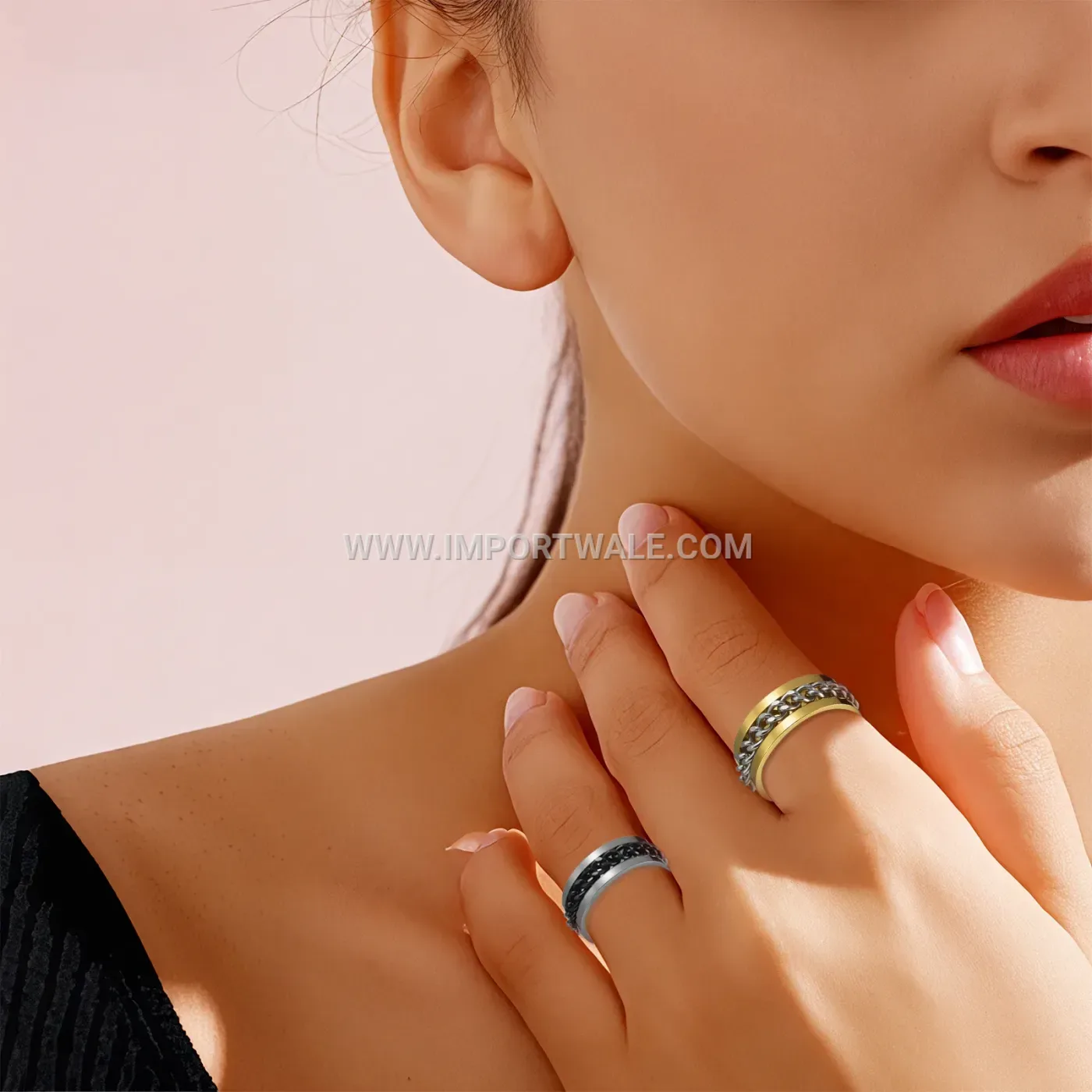 Rotating Chain Inlay Stainless Steel Spinner Band Ring