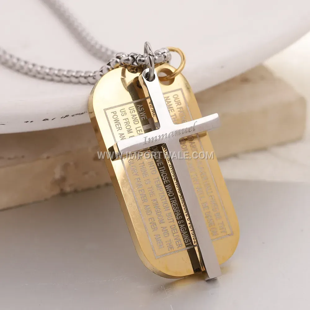 Vintage Stainless Steel Cross Engraved Dog Tag Pendant Necklace
