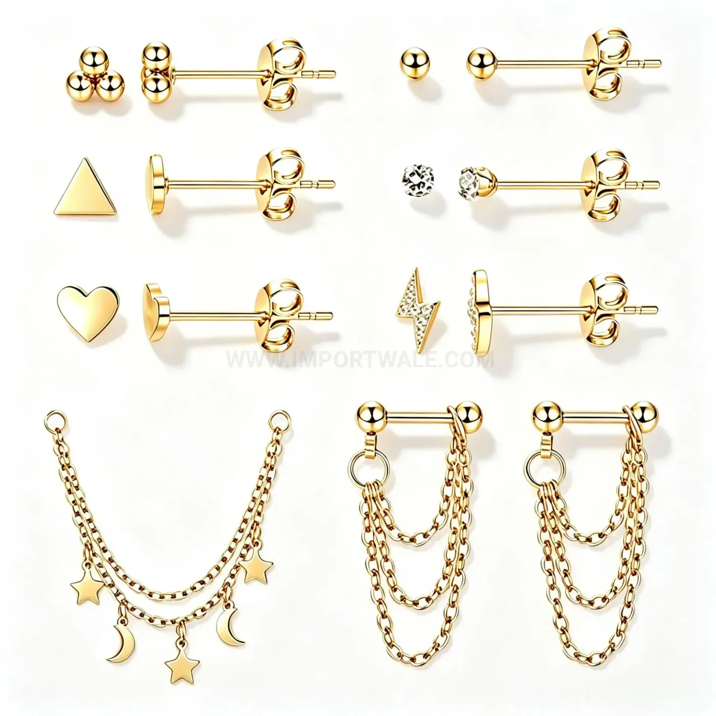 Elegant Stainless Steel Celestial Charm Chain Layering Ear Piercing Stud Set