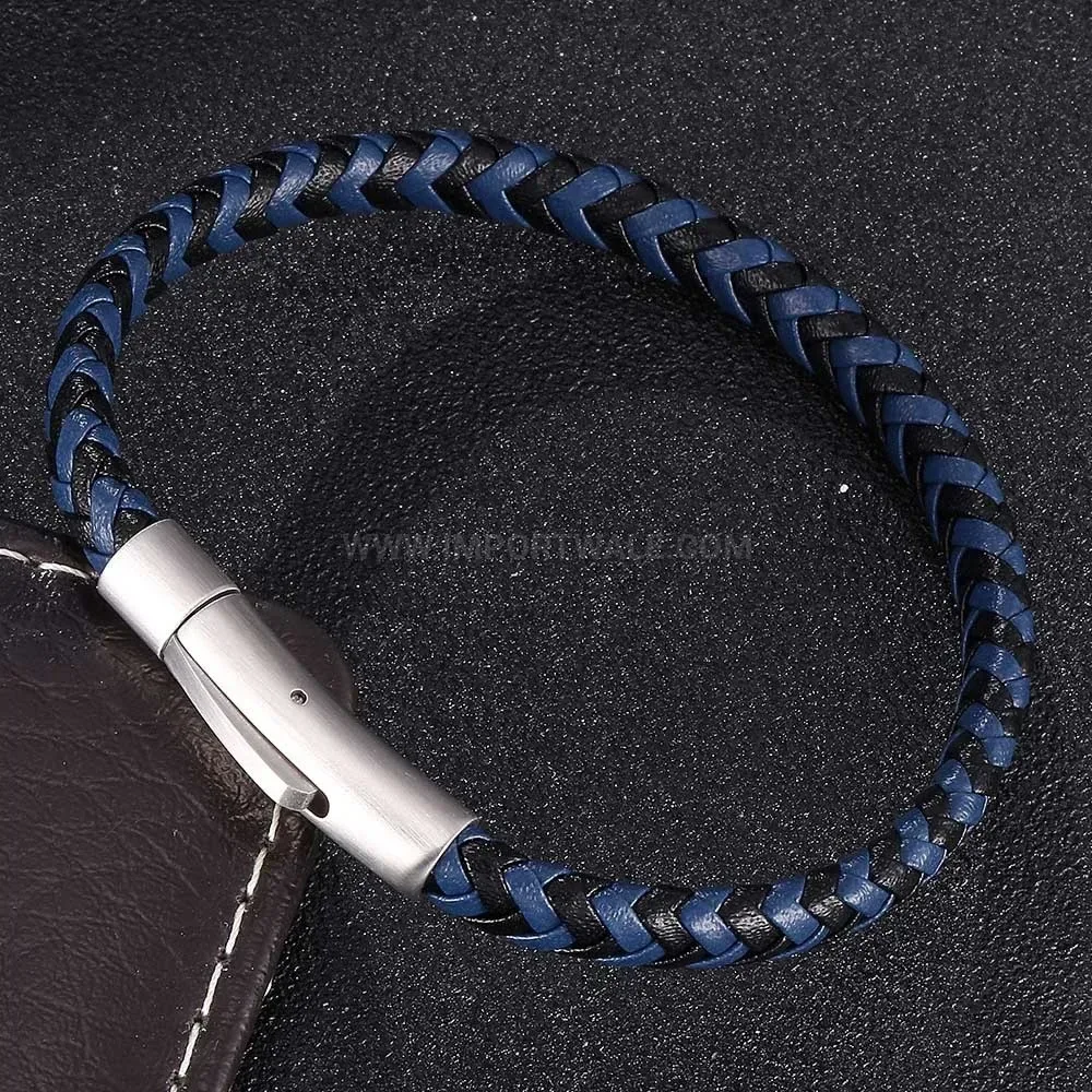 Braided Leather and Stainless Steel Snap Clasp Men's Bracelet