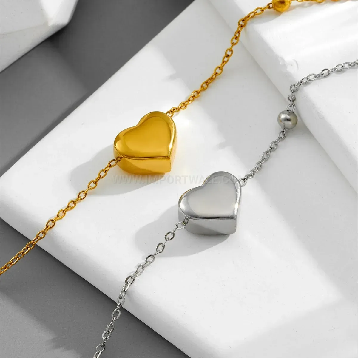 Titanium Steel Bead Accent Heart Charm Bracelet