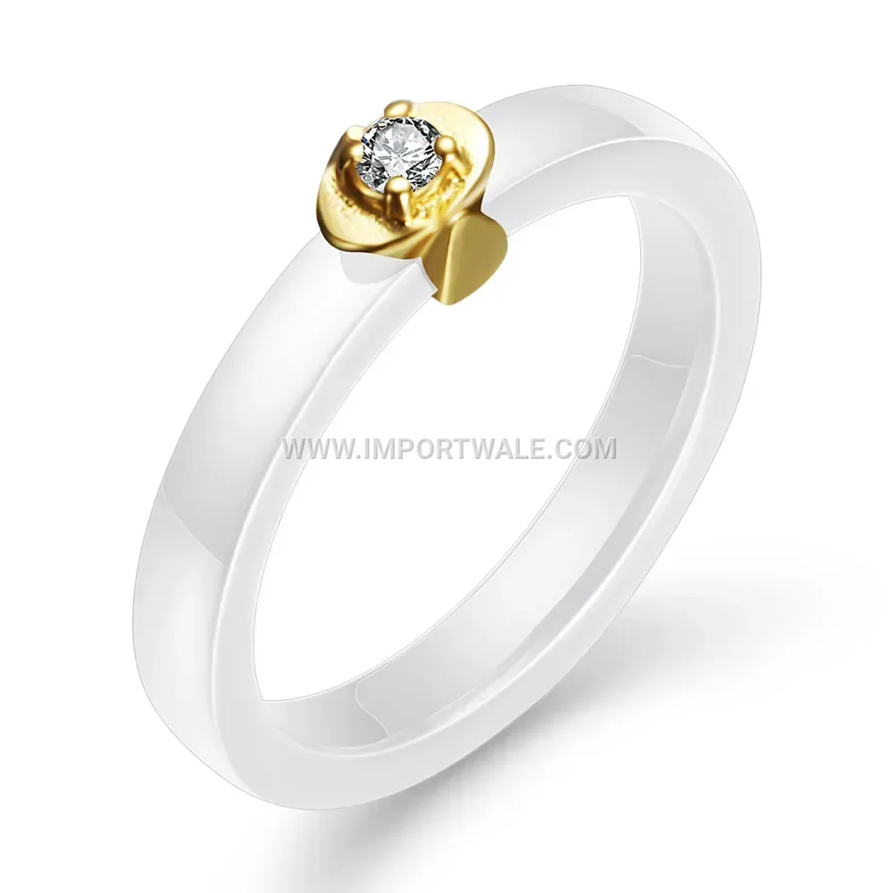 Cubic Zirconia Embedded Ceramic Gold Trimmed Ring