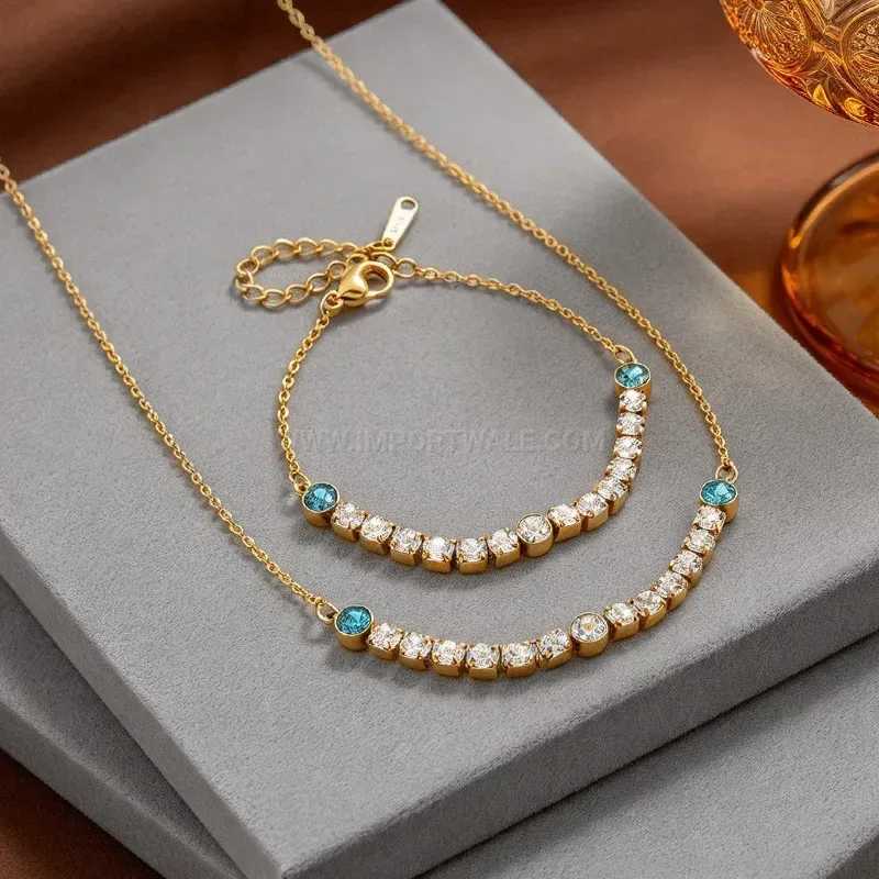 Gold Plated Stainless Steel Chain Bracelet with Pave Zircon Accents