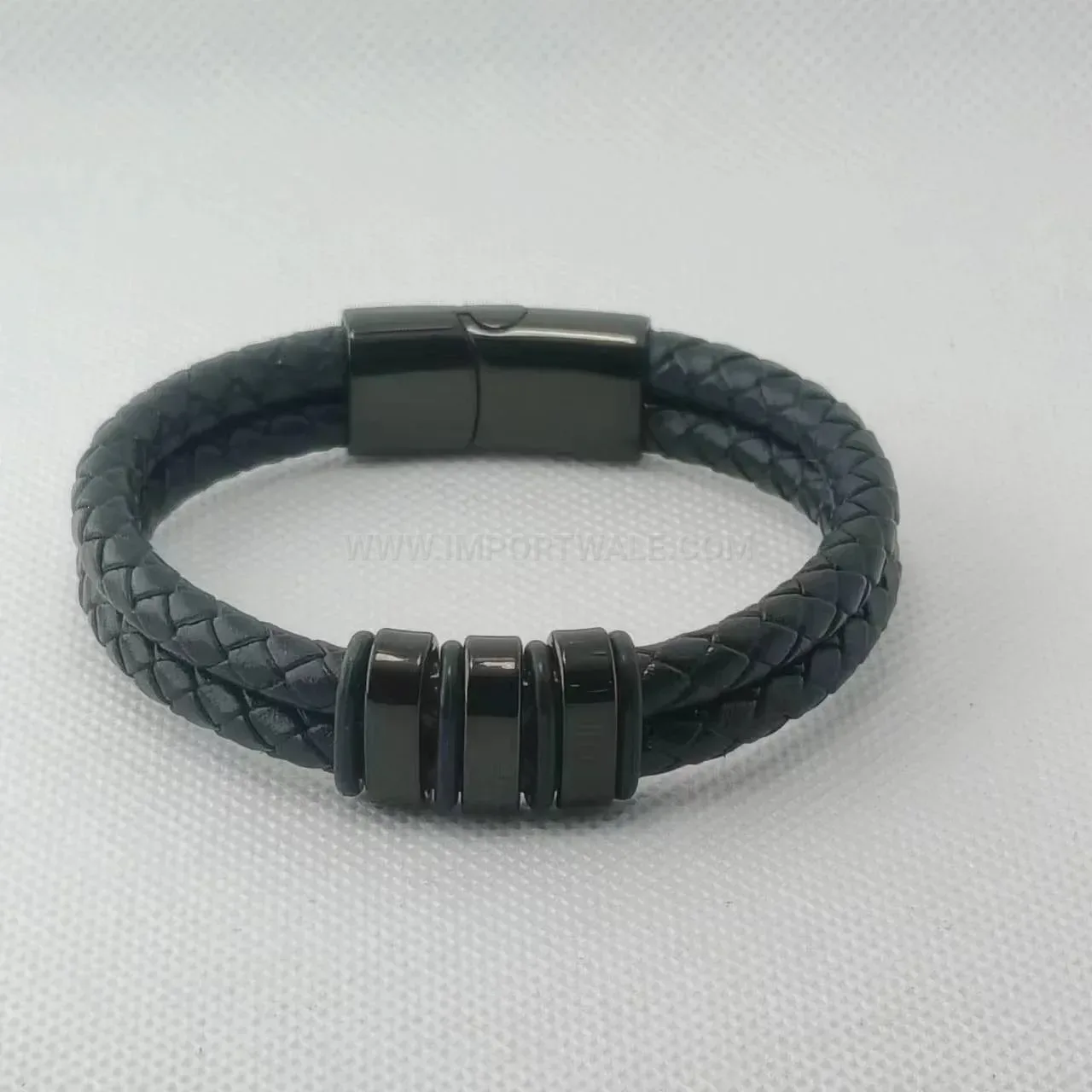 Handwoven Black Leather Bracelet with Polished Stainless Steel Accent