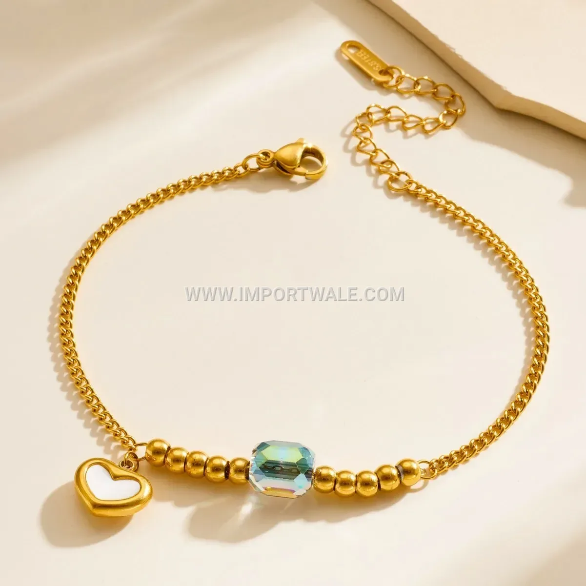 Beaded Heart Enamel Stainless Steel Charm Anklet