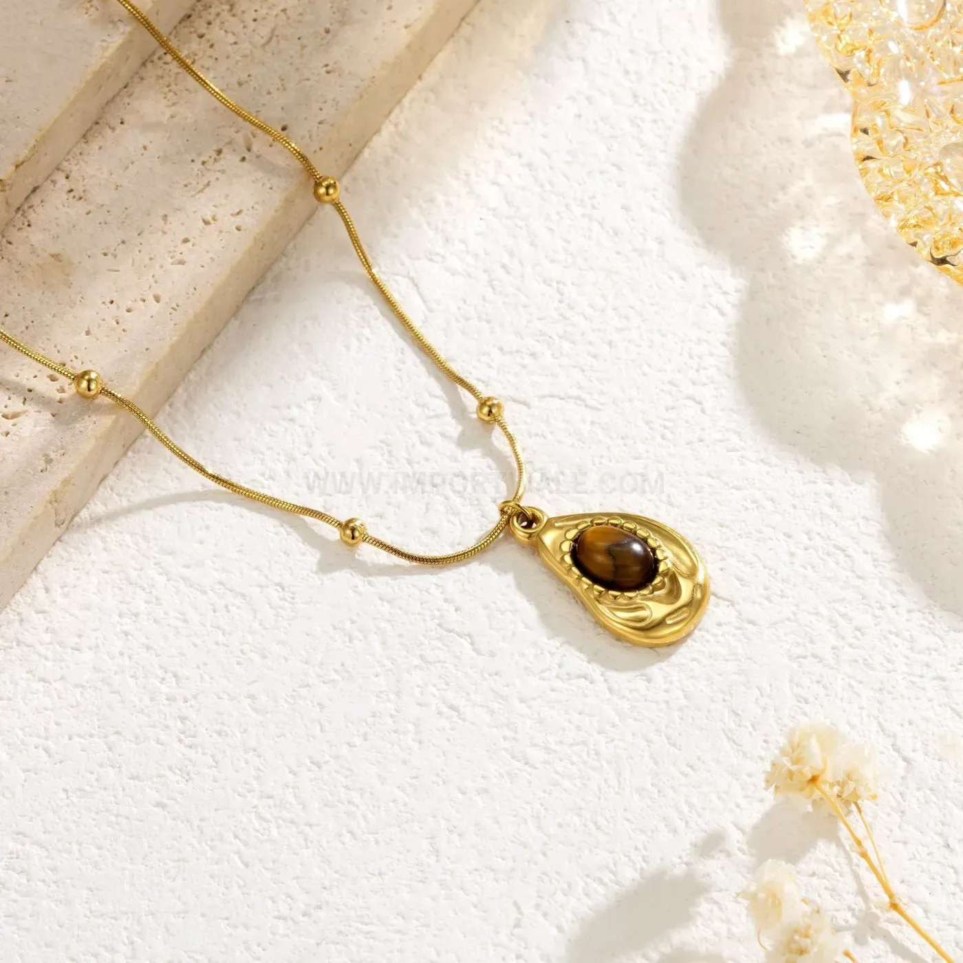 Vintage Teardrop Tiger Eye Titanium Steel Pendant Necklace