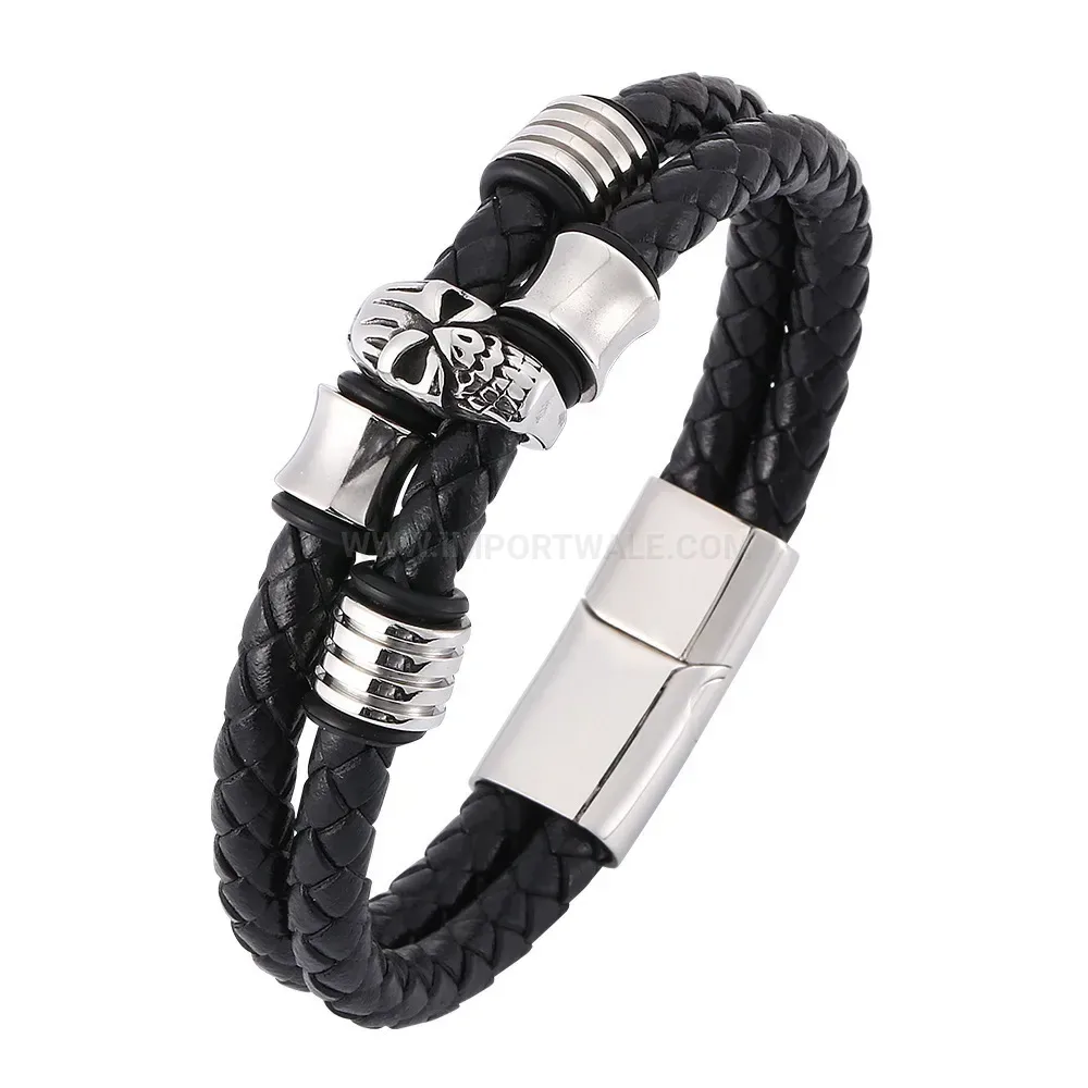Designer Retro Skull Stainless Steel Accent Woven Leather Cord Bracelet