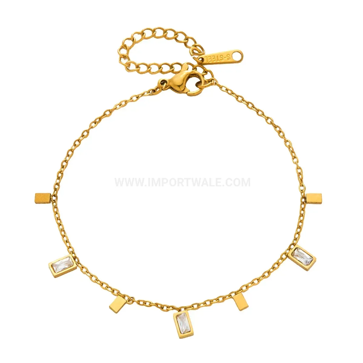 Gold Plated Stainless Steel Square Crystal Charm Bracelet