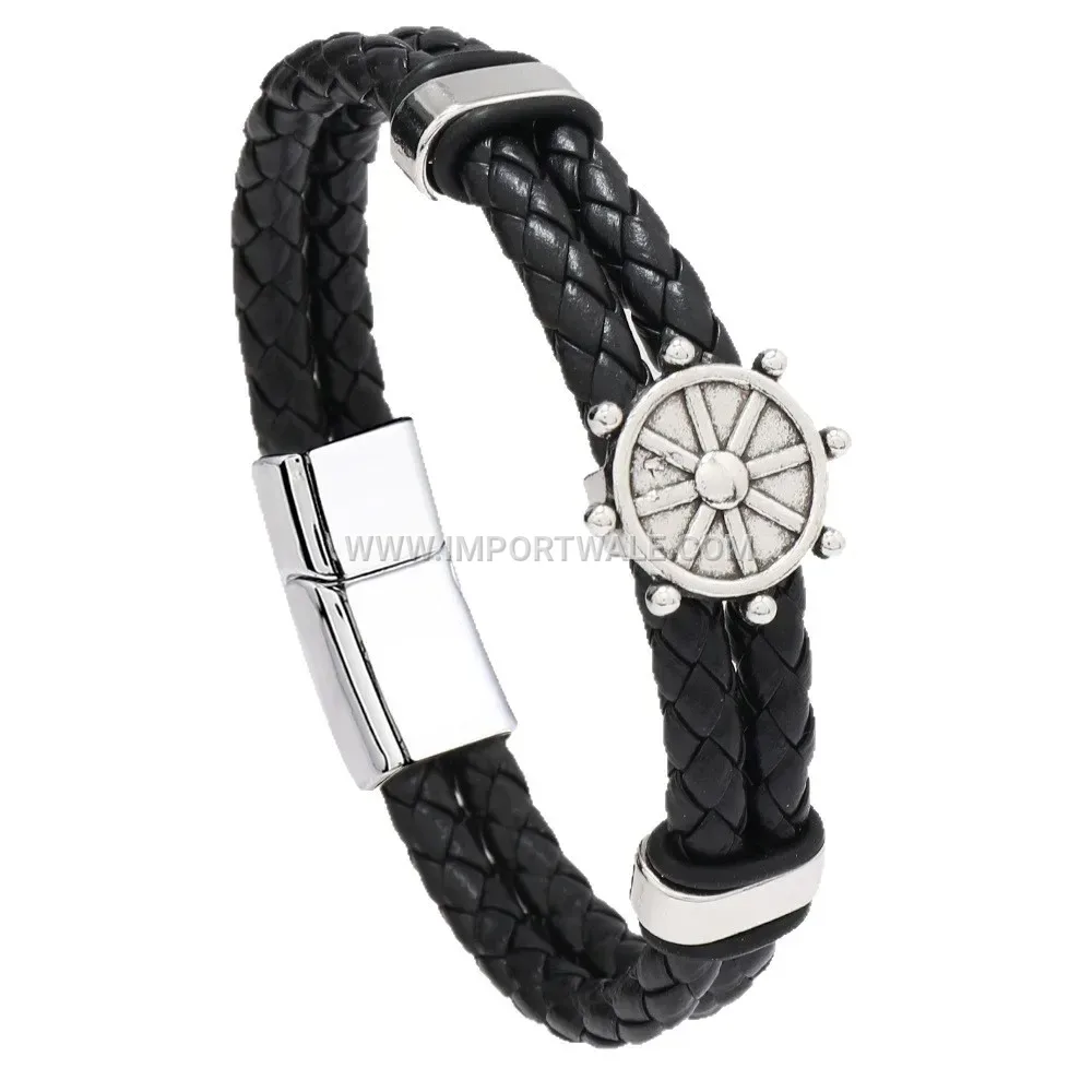 Ship Helm Braided Leather Punk Wristband