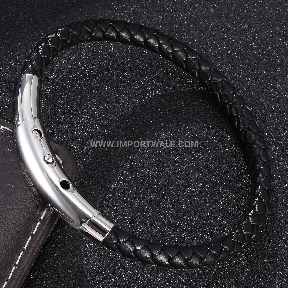 Adjustable Woven Leather Bracelet with Stainless Steel Accent Clasp
