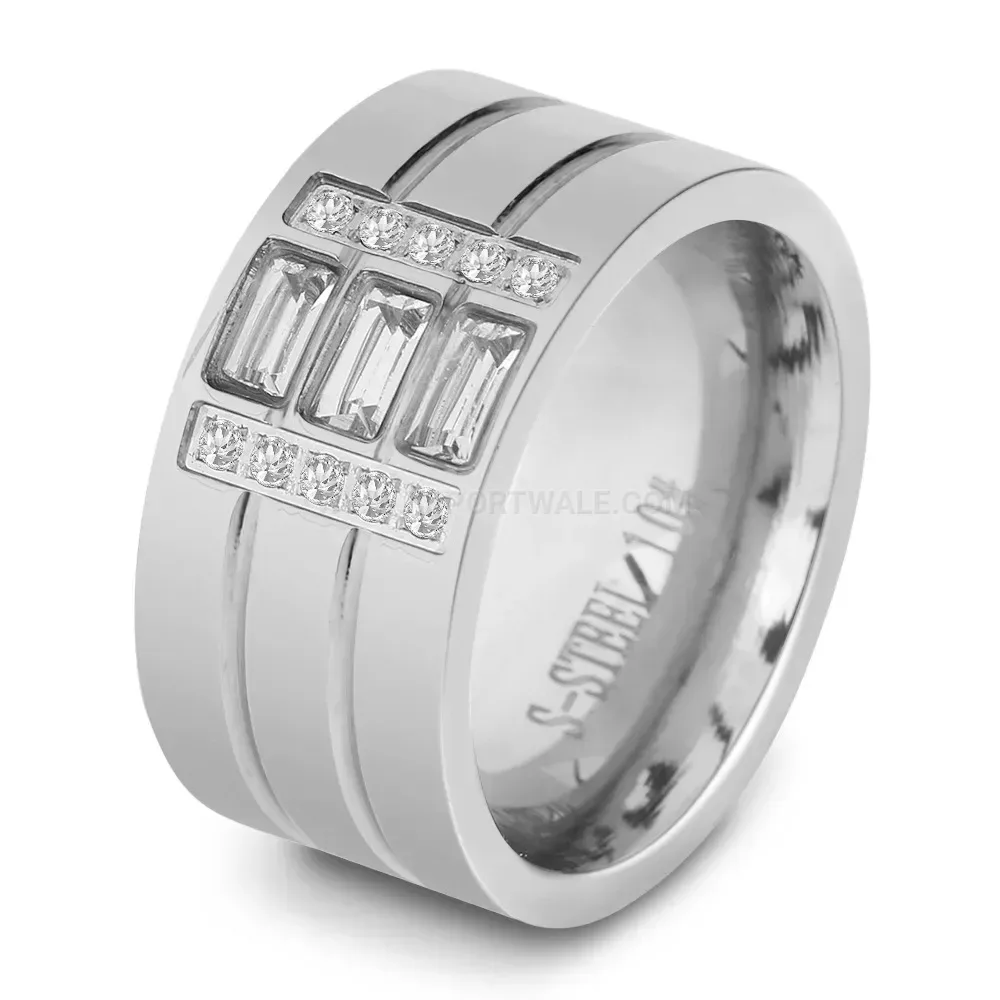 Wide Triple Row Zirconia Splice Stainless Steel Ring