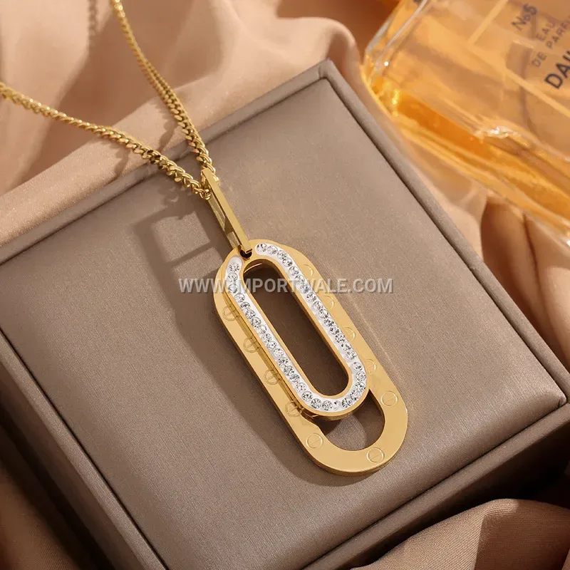 Titanium Steel Rhinestone Double Ring Long Pendant Necklace