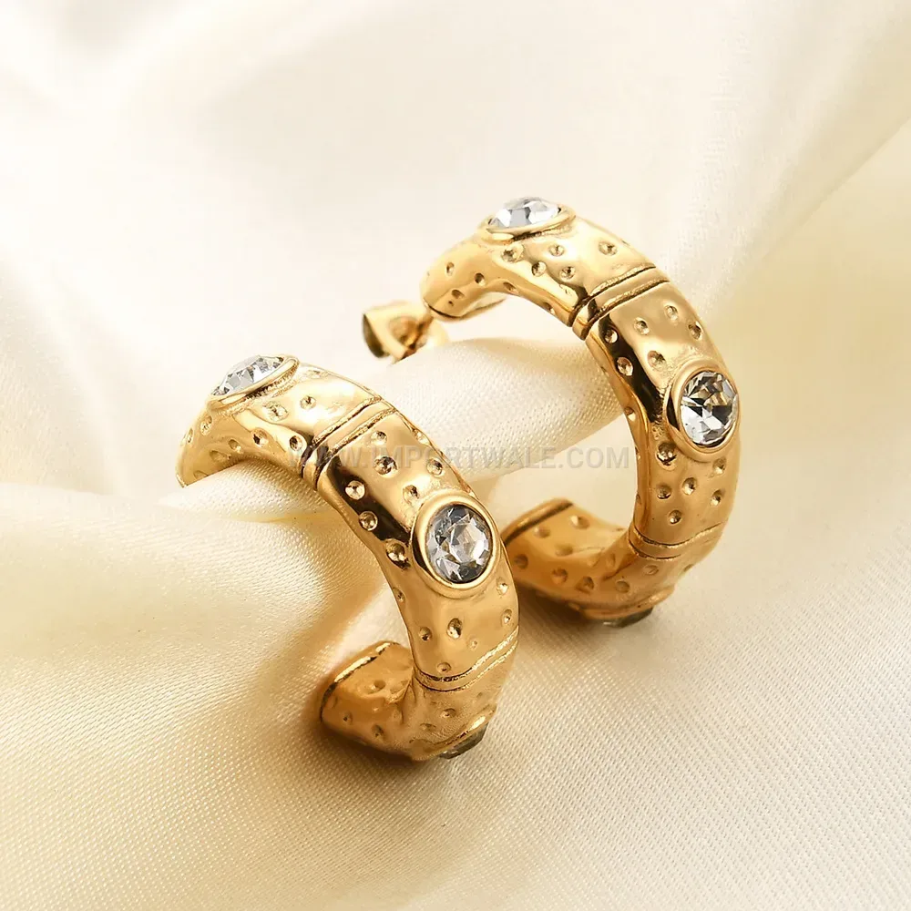 Irregular C-Shaped Zirconia Stainless Steel Hoop Earrings