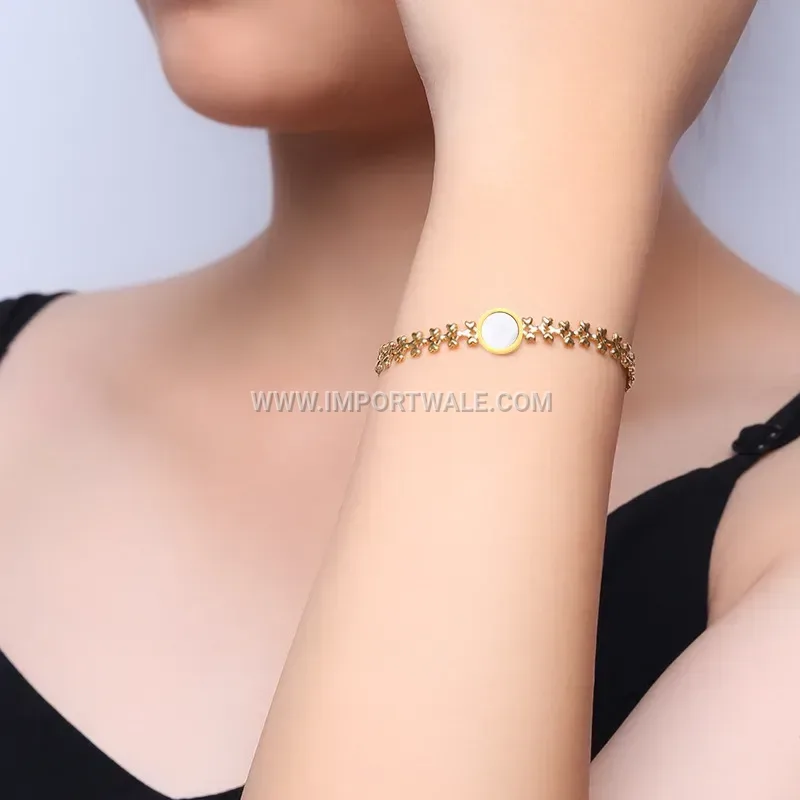 Shell Inlaid Heart Round Medallion Titanium Steel Bracelet