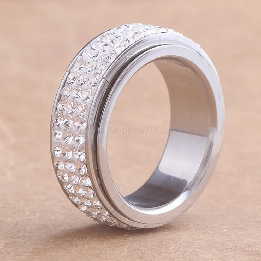 Triple Row Rhinestone Stainless Steel Band Ring