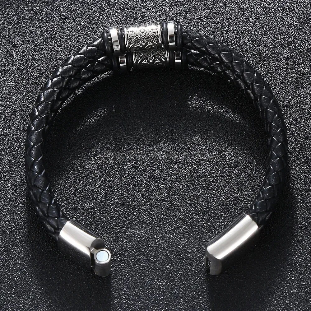 Viking Style Multi Layer Braided Leather Stainless Steel Bracelet