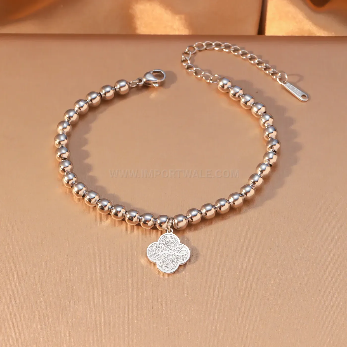 Islamic Ayatul Kursi Stainless Steel Beaded Clover Charm Bracelet