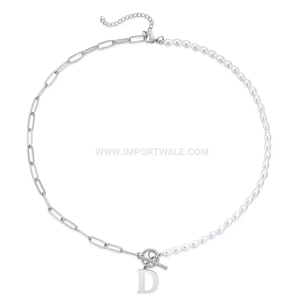 Stainless Steel Initial Letter Pearl Paperclip OT Toggle Clasp Necklace