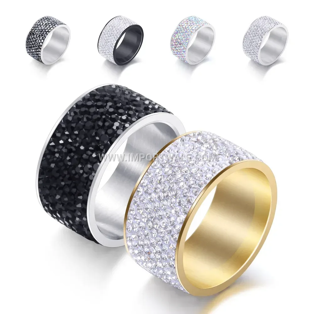 Eight-Row Sparkling Rhinestone Stainless Steel Wide Band Ring