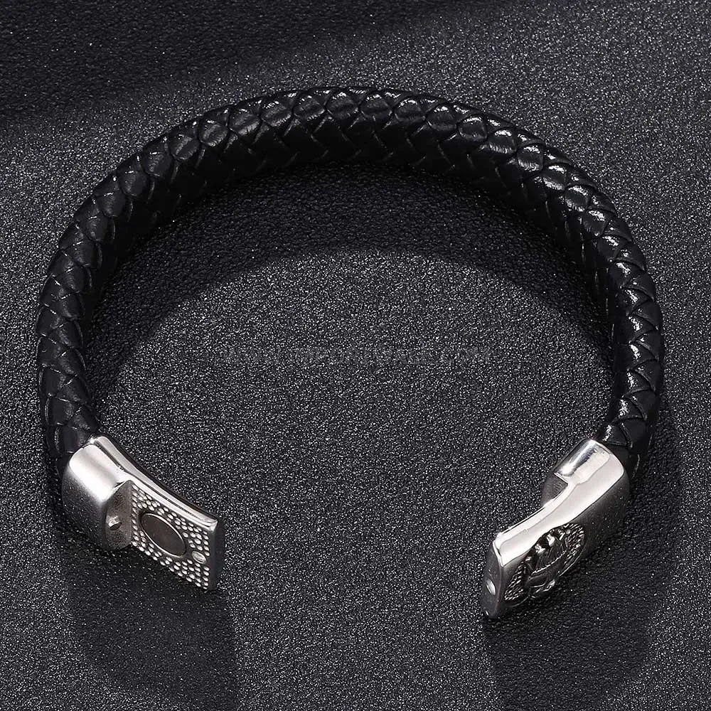 Skull And Crown Leather Wristband With Stainless Steel Magnetic Clasp