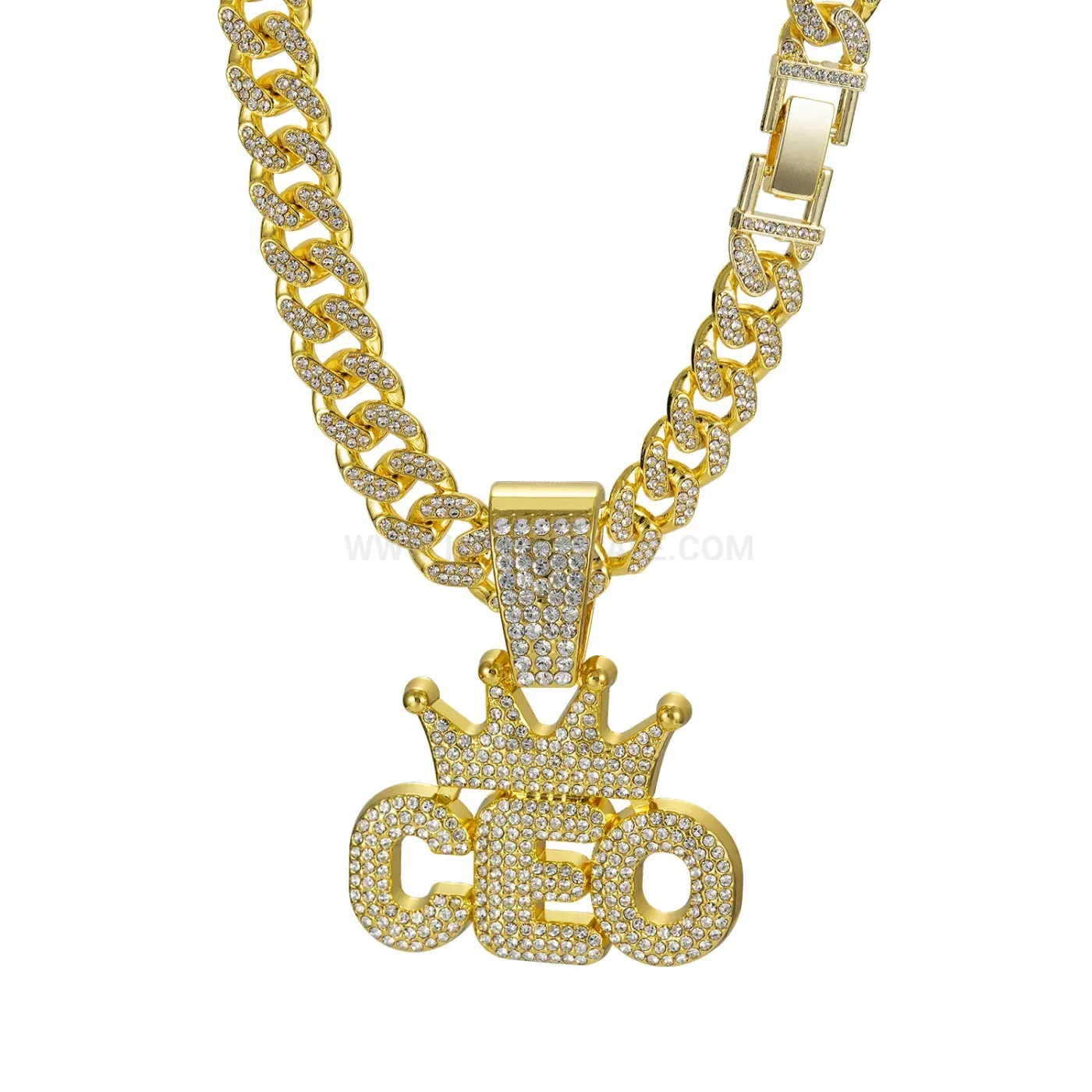 Iced Out Crown CEO Letter Pendant Cuban Chain Necklace