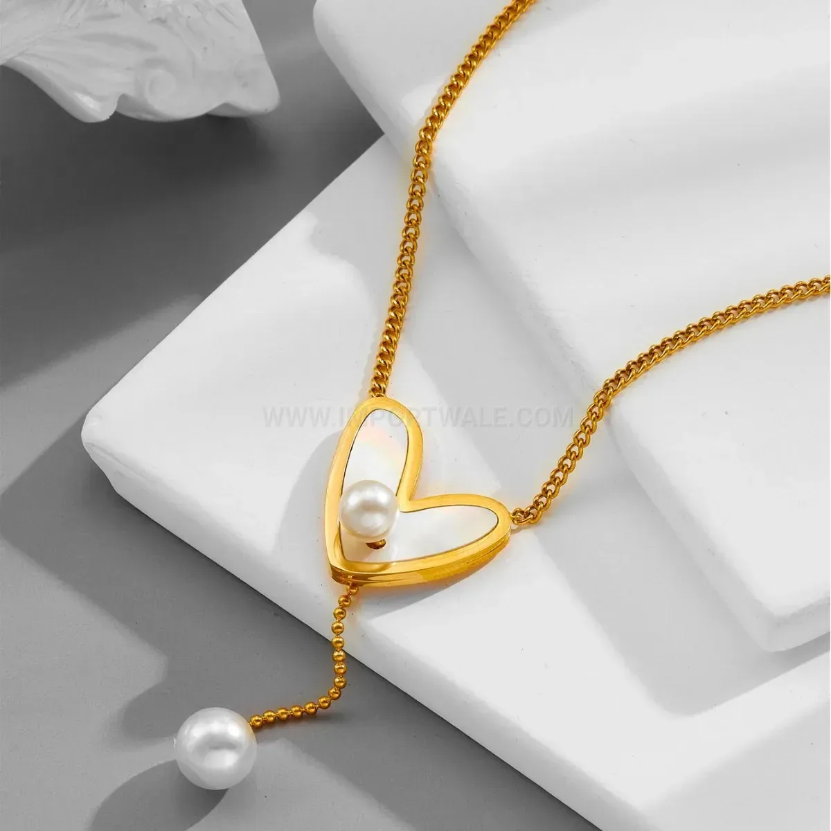 Fashion Gold Titanium Steel Heart Pendant Necklace with Faux Pearl Detail