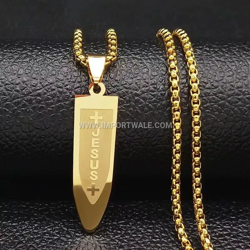 Gold Plated Bullet and Cross Pendant Link Chain Necklace