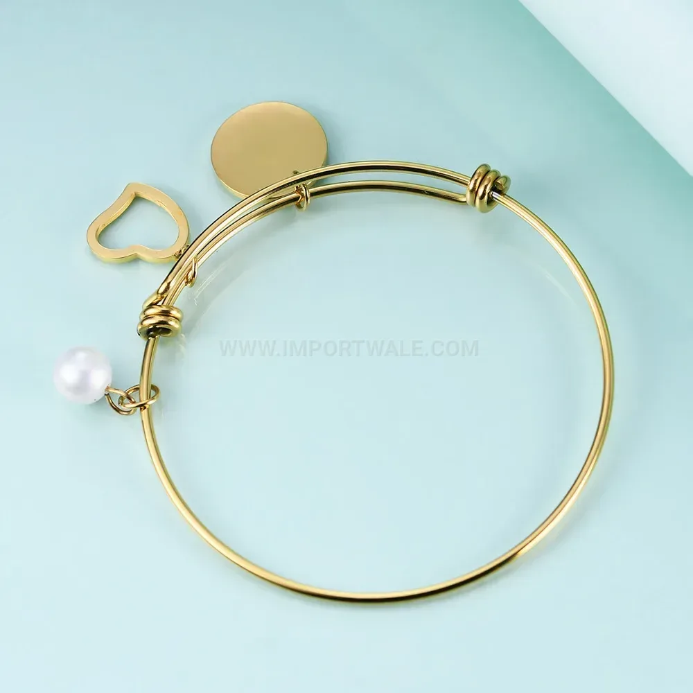 Trendy Gold Stainless Steel Bangle with Pearl and Heart Pendant